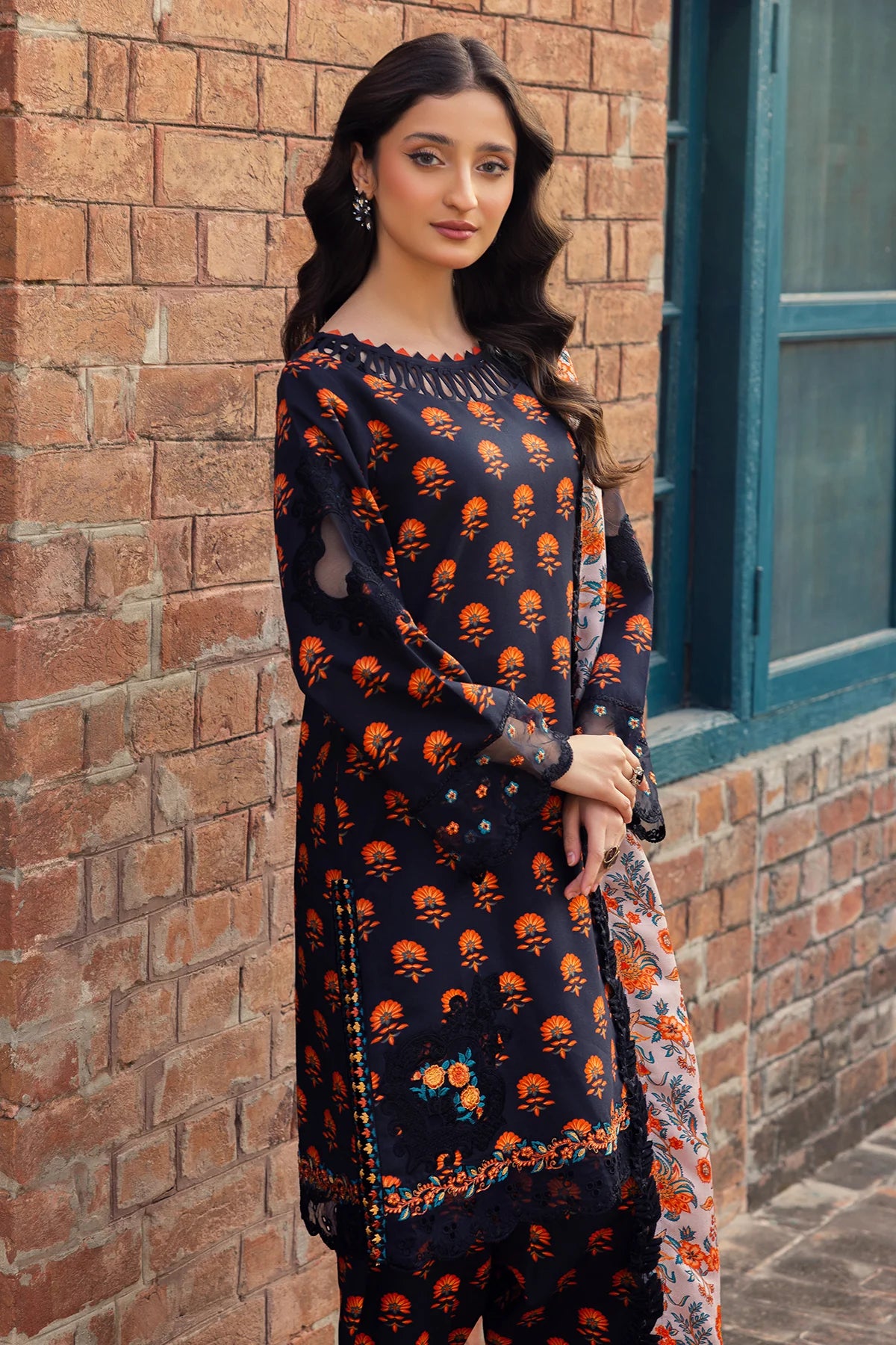 3-PC Embroidered Staple Shirt with Staple Shawl and Trouser